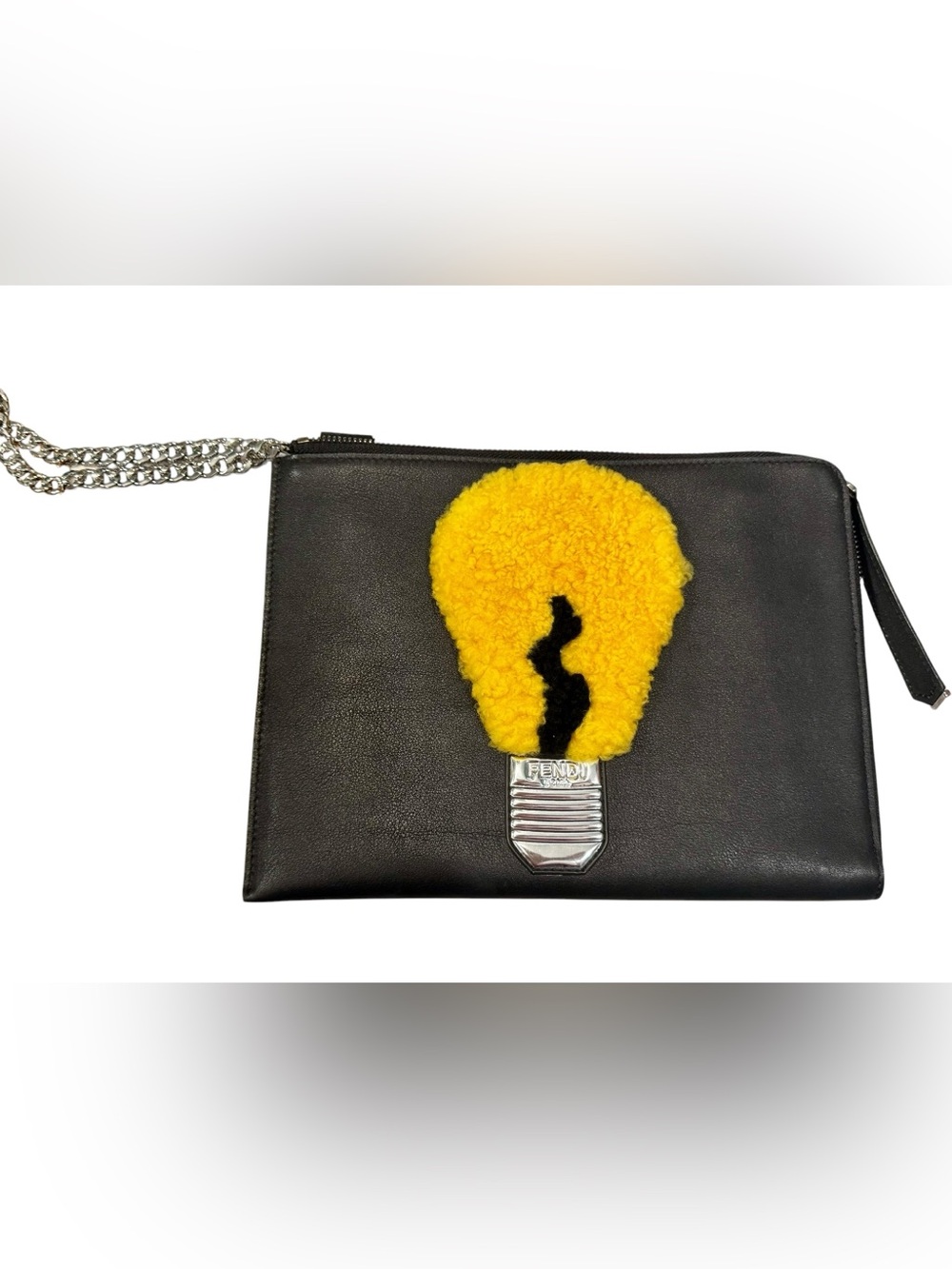 Fendi Black Leather Clutch with Yellow Shearling Lightbulb Applique Rare